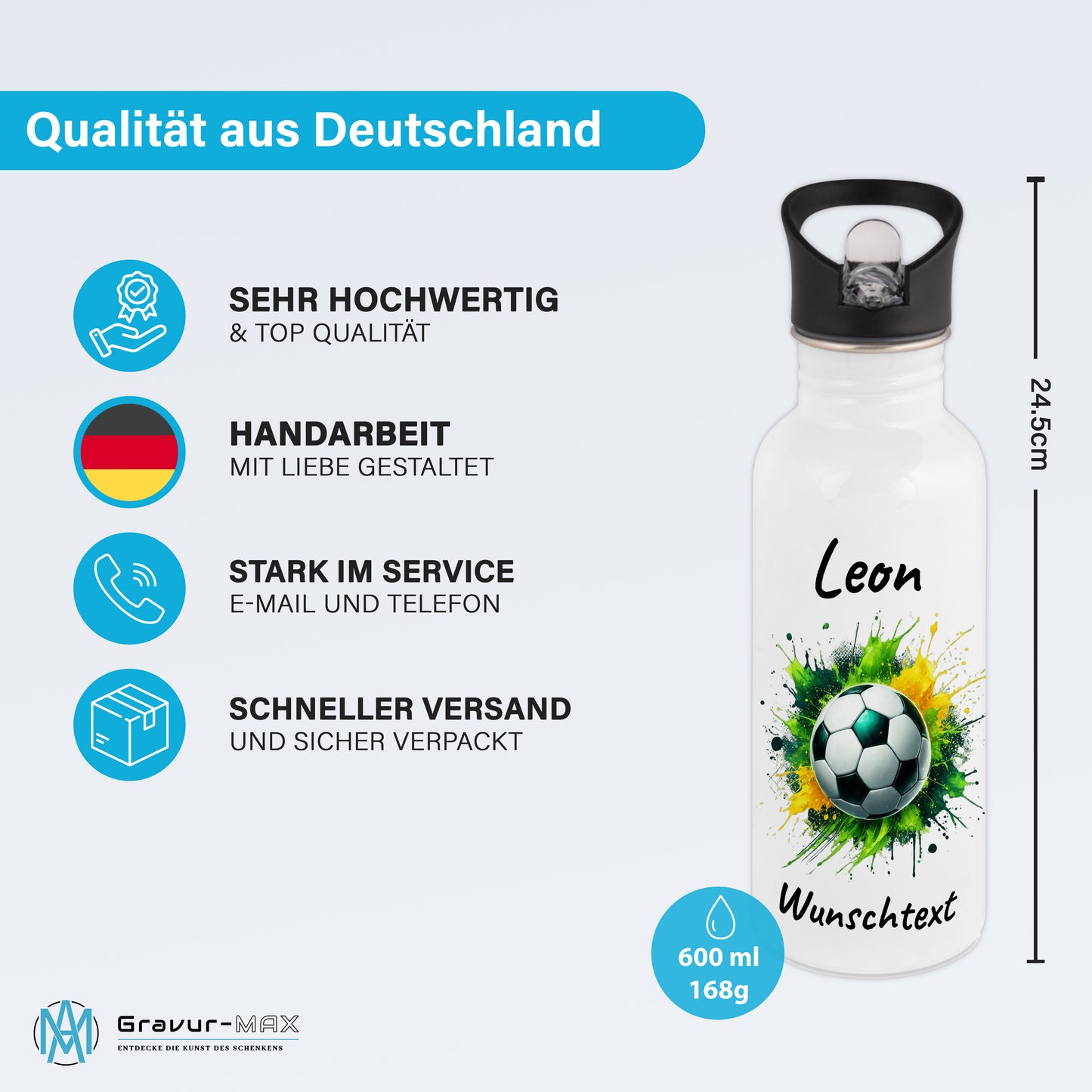 Trinkflasche mit Strohhalm in Weiß 600ml bedruckt mit Fußball Motiven"Motiv11" personalisierbar für Kinder mit Wunschname aus Edelstahl