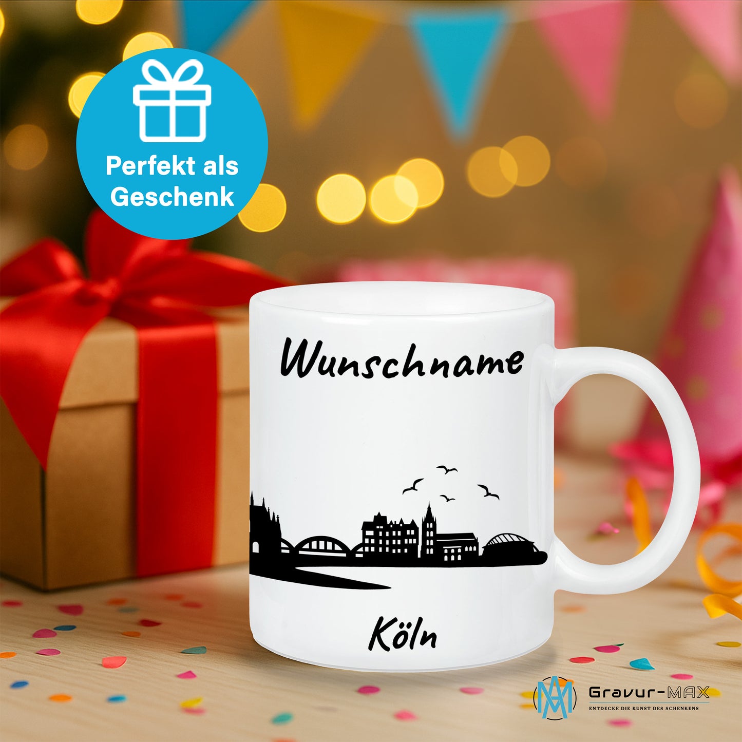 Tasse in Weiß 330ml bedruckt mit der Skyline von Köln personalisierbar mit Wunschname