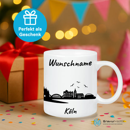 Tasse in Weiß 330ml bedruckt mit der Skyline von Köln personalisierbar mit Wunschname