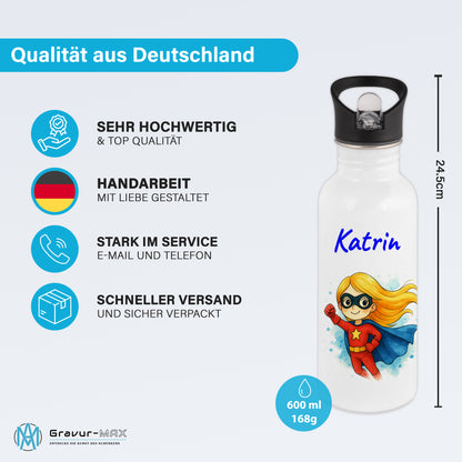 Trinkflasche mit Strohhalm in Weiß 600ml bedruckt mit tollen Motiven für Kinder "Superheldin" personalisierbar für Kinder mit Wunschname aus Edelstahl