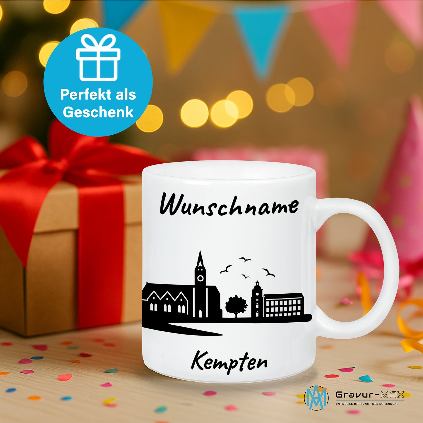 Tasse in Weiß 330ml bedruckt mit der Skyline von Kempten personalisierbar mit Wunschname