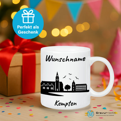 Tasse in Weiß 330ml bedruckt mit der Skyline von Kempten personalisierbar mit Wunschname
