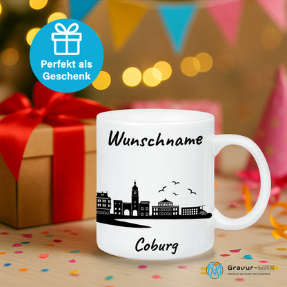 Tasse in Weiß 330ml bedruckt mit der Skyline von Coburg personalisierbar mit Wunschname