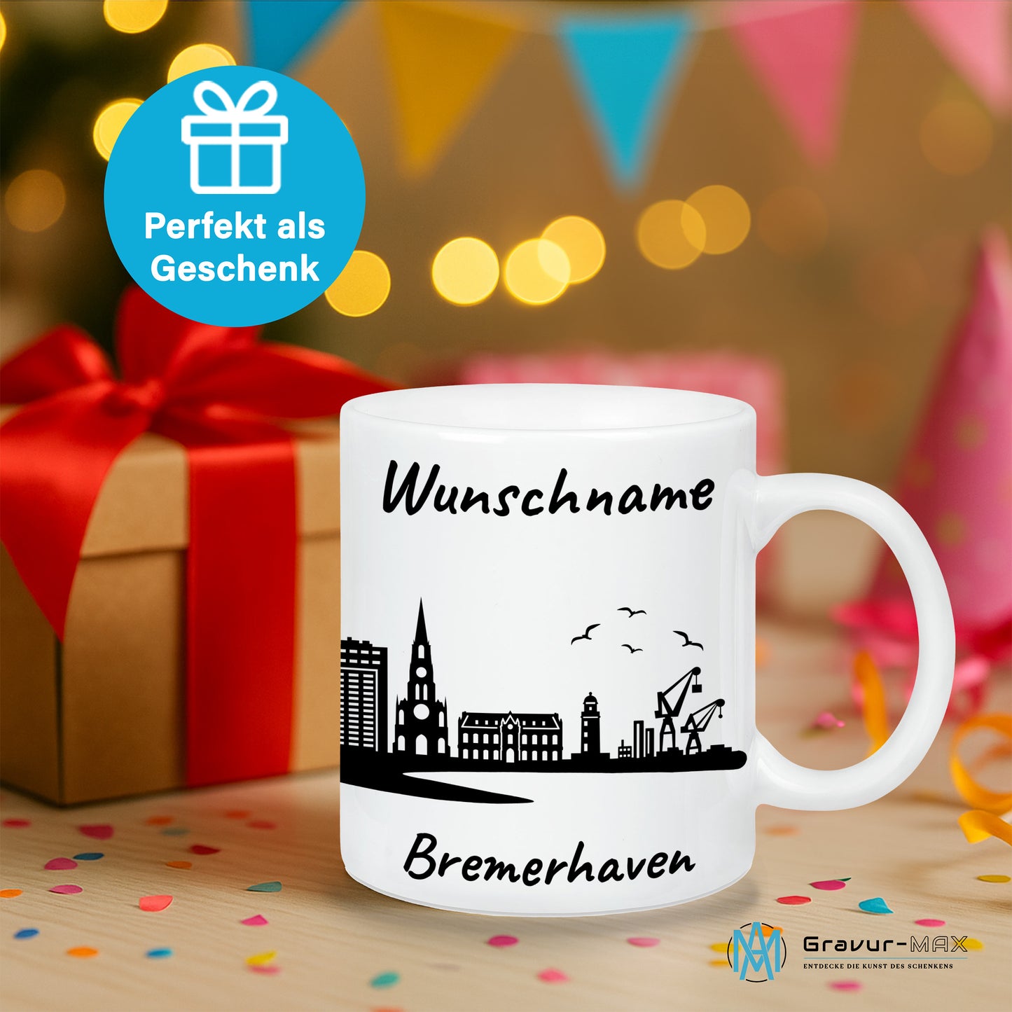 Tasse in Weiß 330ml bedruckt mit der Skyline von Bremerhaven personalisierbar mit Wunschname