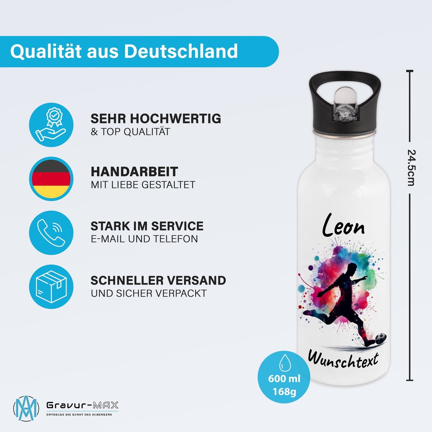 Trinkflasche mit Strohhalm in Weiß 600ml bedruckt mit Fußball Motiven"Motiv4" personalisierbar für Kinder mit Wunschname aus Edelstahl
