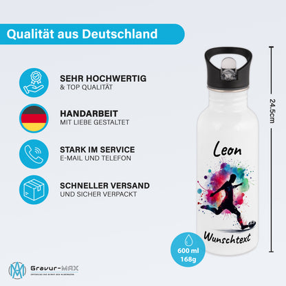 Trinkflasche mit Strohhalm in Weiß 600ml bedruckt mit Fußball Motiven"Motiv4" personalisierbar für Kinder mit Wunschname aus Edelstahl