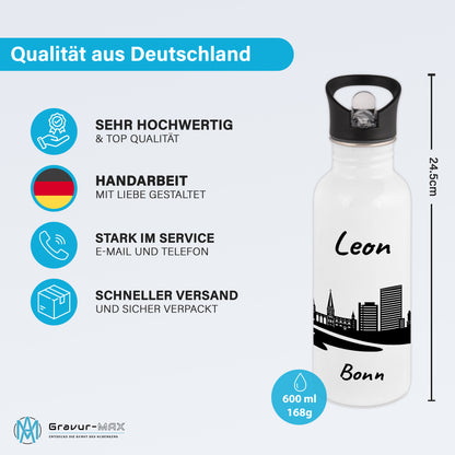 Trinkflasche in Weiß 600ml aus Edelstahl bedruckt mit der Skyline von Bonn personalisierbar mit Wunschname