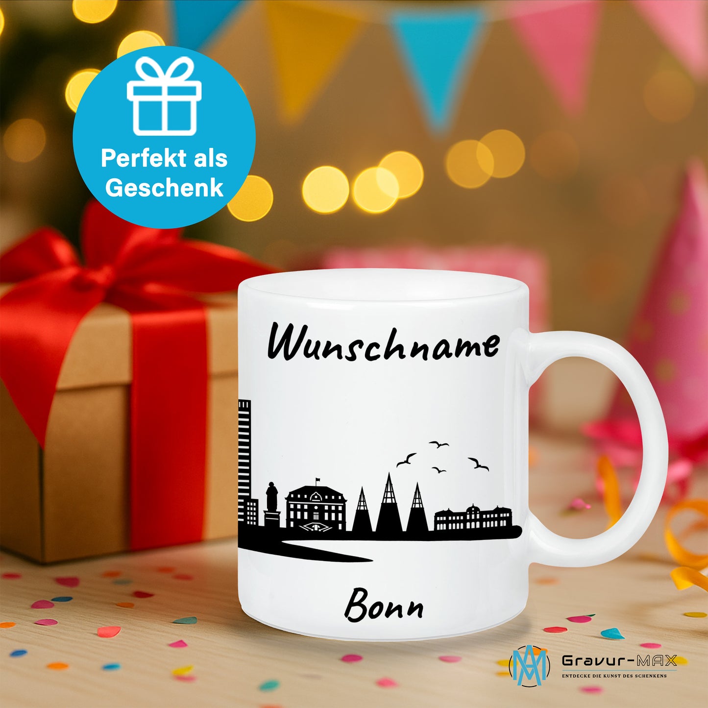 Tasse in Weiß 330ml bedruckt mit der Skyline von Bonn personalisierbar mit Wunschname
