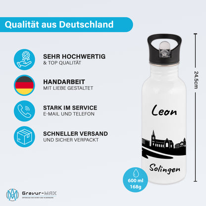Trinkflasche in Weiß 600ml aus Edelstahl bedruckt mit der Skyline von Solingen personalisierbar mit Wunschname