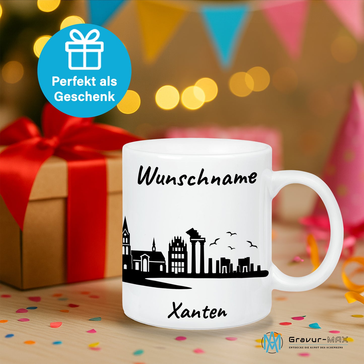 Tasse in Weiß 330ml bedruckt mit der Skyline von Xanten personalisierbar mit Wunschname