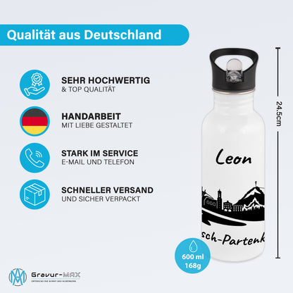 Trinkflasche in Weiß 600ml aus Edelstahl bedruckt mit der Skyline von Garmisch-Partenkirchen personalisierbar mit Wunschname