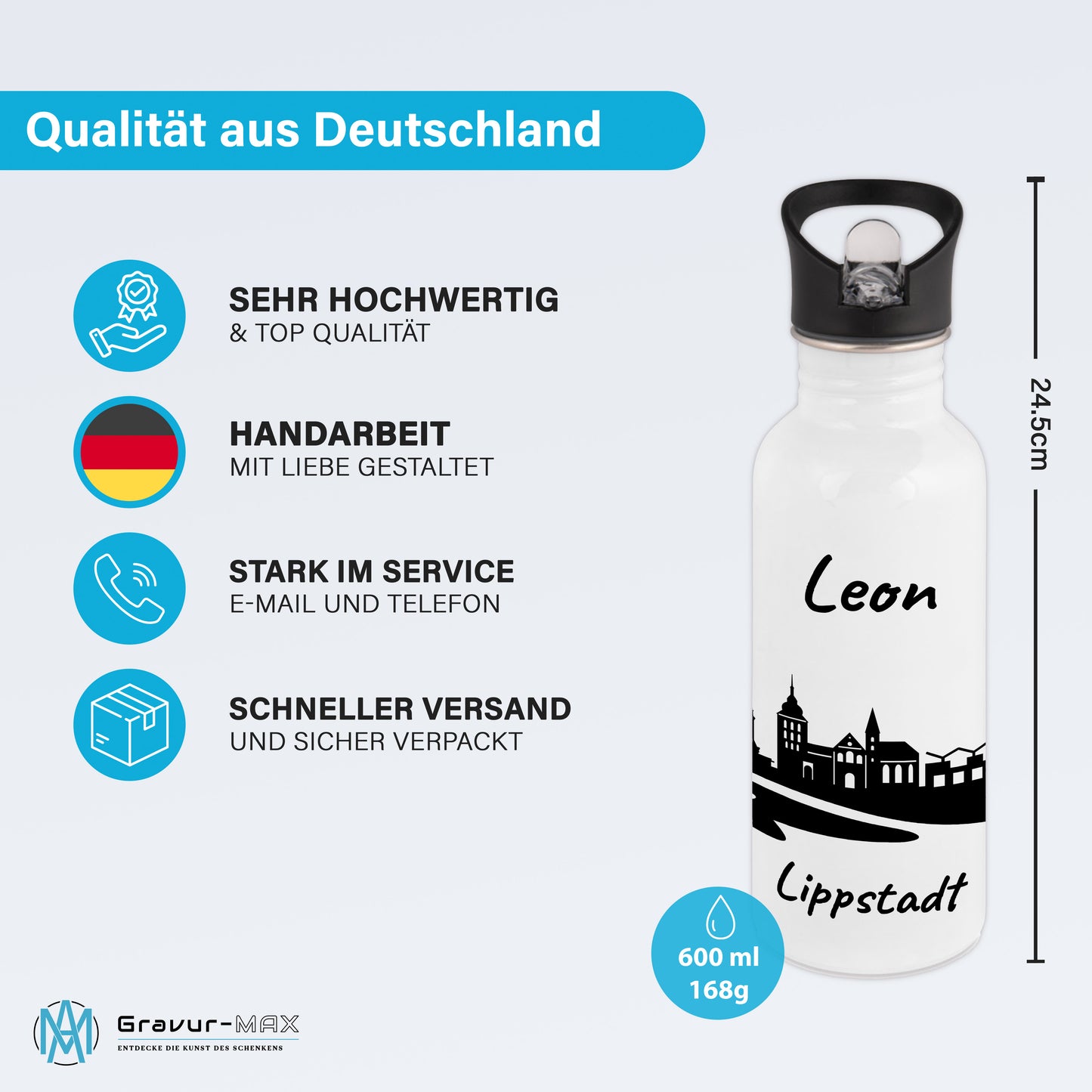 Trinkflasche in Weiß 600ml aus Edelstahl bedruckt mit der Skyline von Lippstadt personalisierbar mit Wunschname