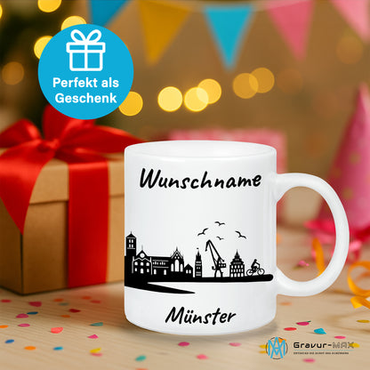 Tasse in Weiß 330ml bedruckt mit der Skyline von Münster personalisierbar mit Wunschname