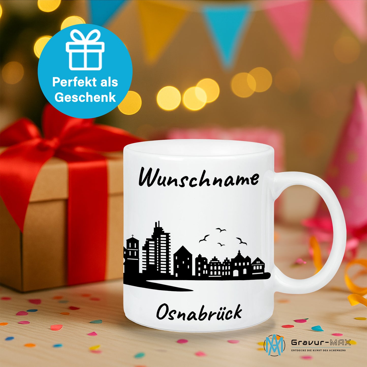 Tasse in Weiß 330ml bedruckt mit der Skyline von Osnabrück personalisierbar mit Wunschname