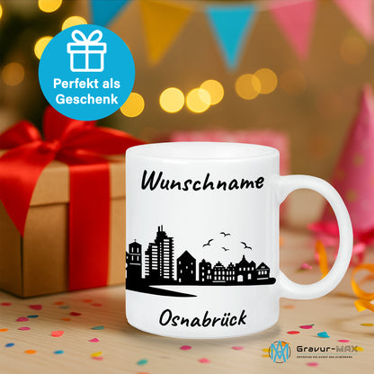 Tasse in Weiß 330ml bedruckt mit der Skyline von Osnabrück personalisierbar mit Wunschname
