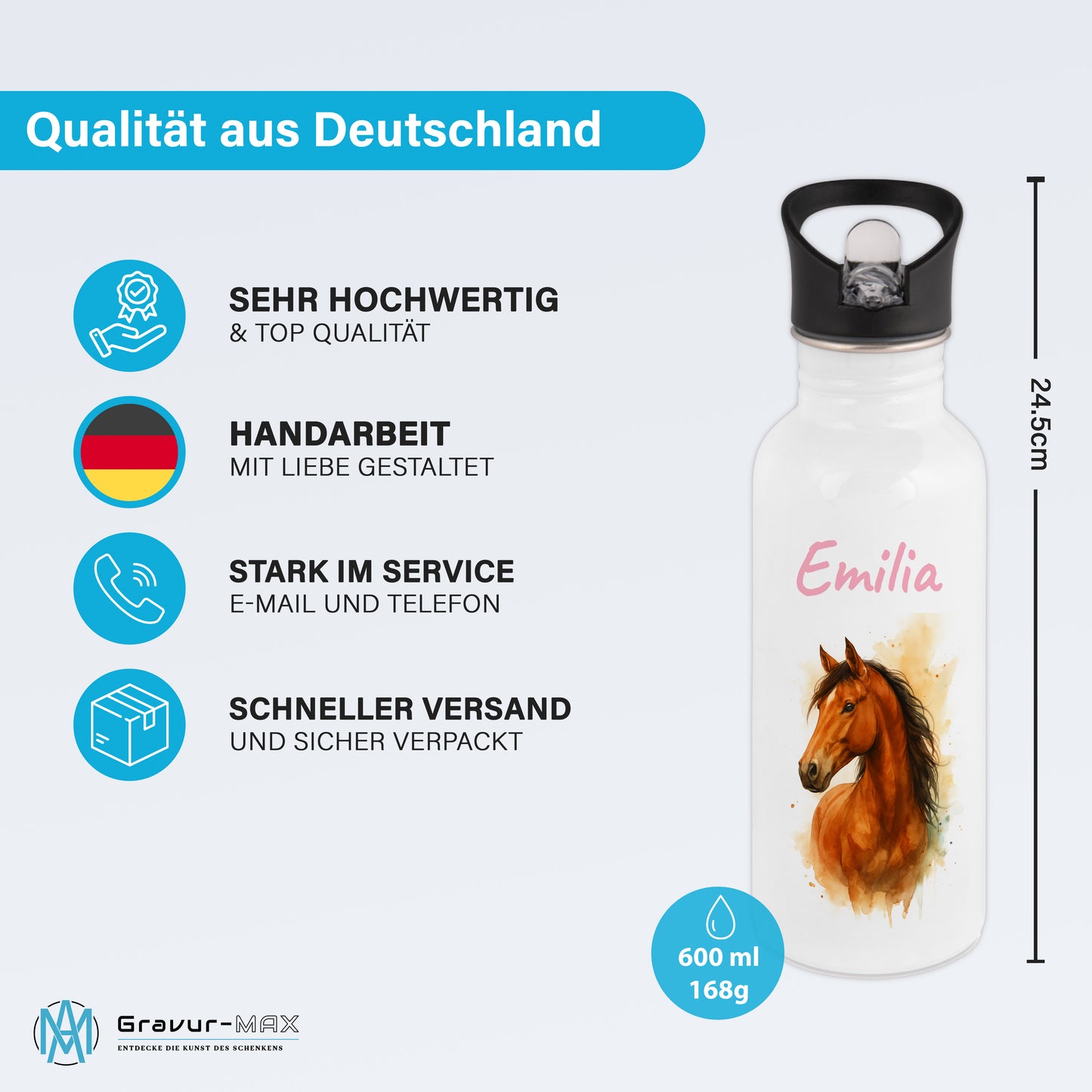 Trinkflasche mit Strohhalm in Weiß 600ml bedruckt mit tollen Motiven für Kinder "Pferd" personalisierbar für Kinder mit Wunschname aus Edelstahl