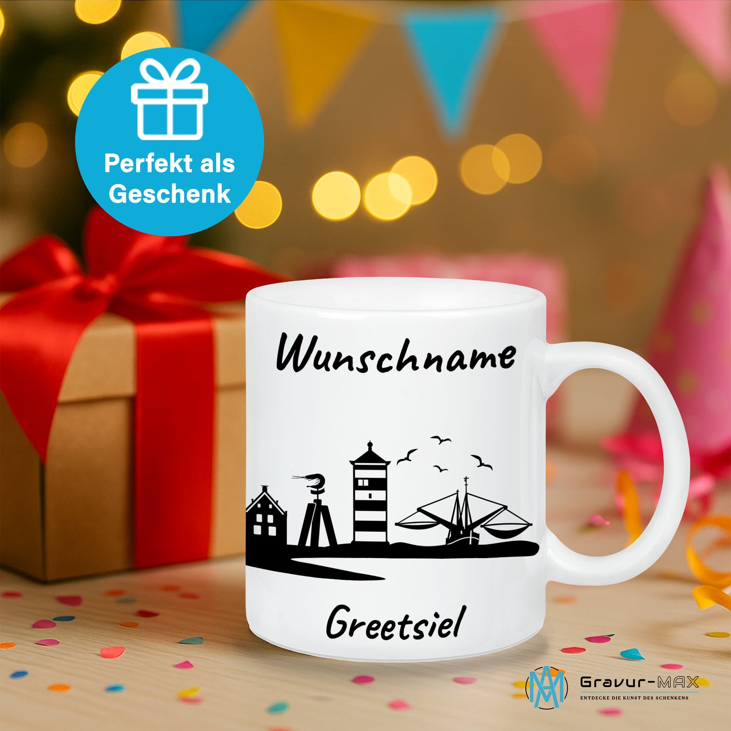 Tasse in Weiß 330ml bedruckt mit der Skyline von Greetsiel personalisierbar mit Wunschname