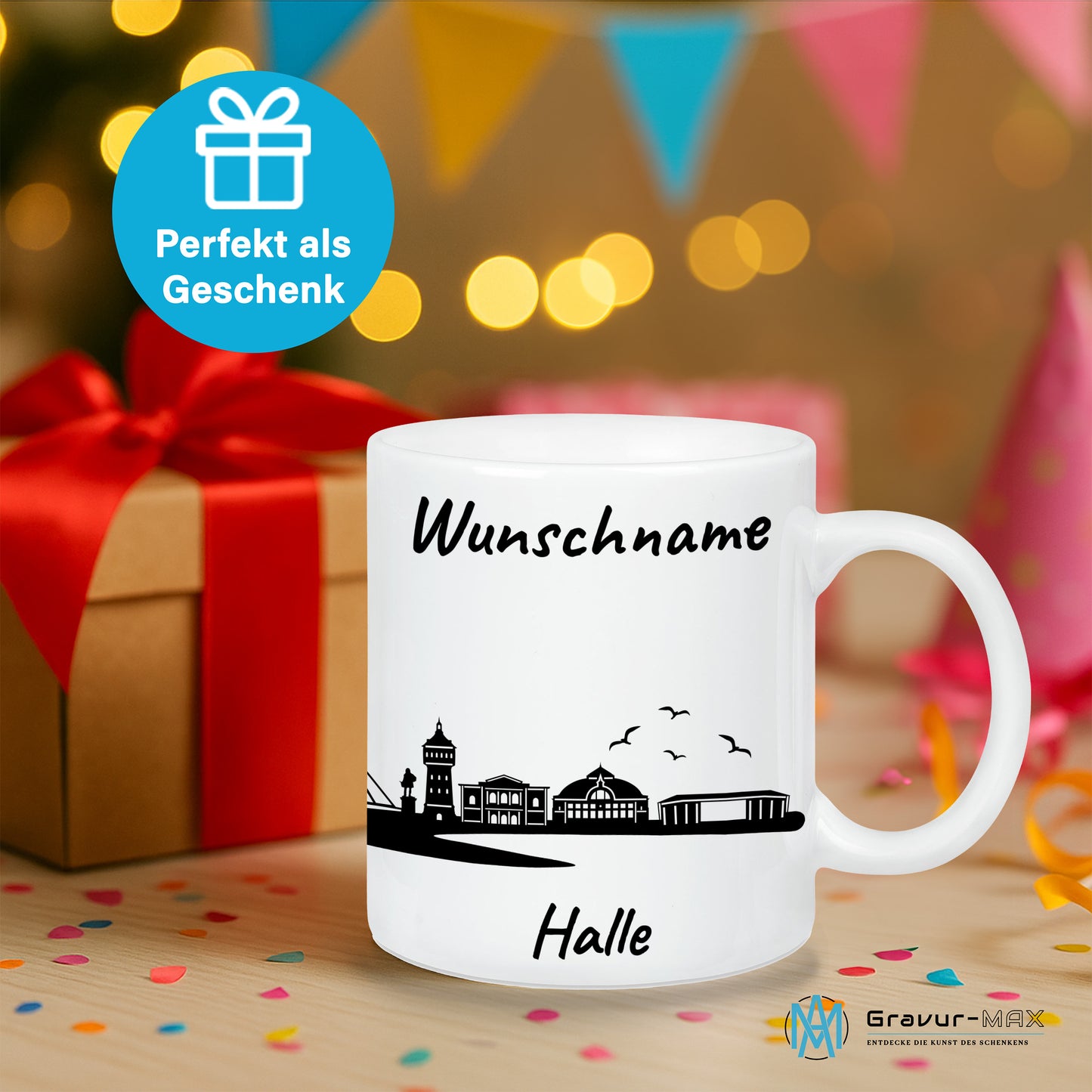 Tasse in Weiß 330ml bedruckt mit der Skyline von Halle personalisierbar mit Wunschname