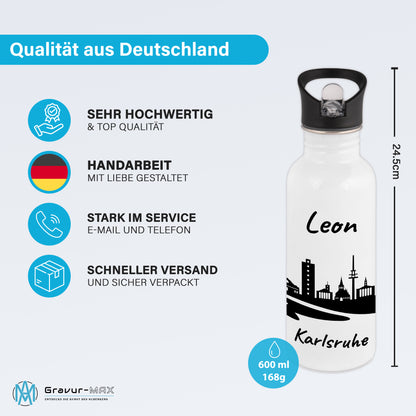 Trinkflasche in Weiß 600ml aus Edelstahl bedruckt mit der Skyline von Karlsruhe personalisierbar mit Wunschname