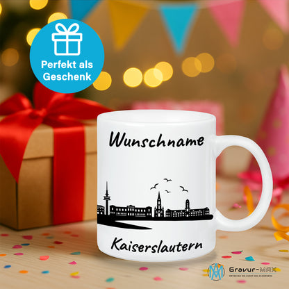 Tasse in Weiß 330ml bedruckt mit der Skyline von Kaiserslautern personalisierbar mit Wunschname