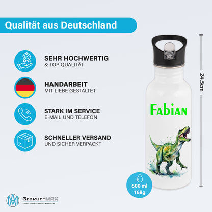 Trinkflasche mit Strohhalm in Weiß 600ml bedruckt mit tollen Motiven für Kinder "Dino T-Rex" personalisierbar für Kinder mit Wunschname aus Edelstahl