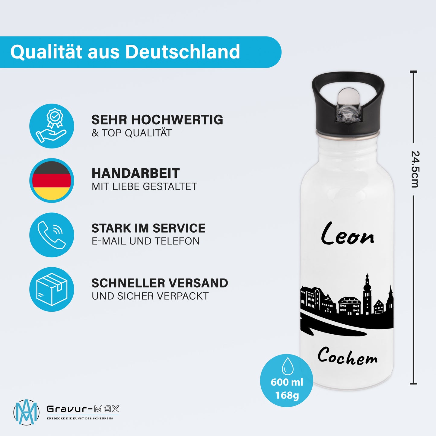 Trinkflasche in Weiß 600ml aus Edelstahl bedruckt mit der Skyline von Cochem personalisierbar mit Wunschname