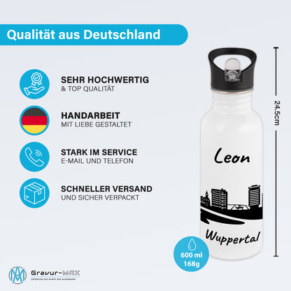 Trinkflasche in Weiß 600ml aus Edelstahl bedruckt mit der Skyline von Wuppertal personalisierbar mit Wunschname