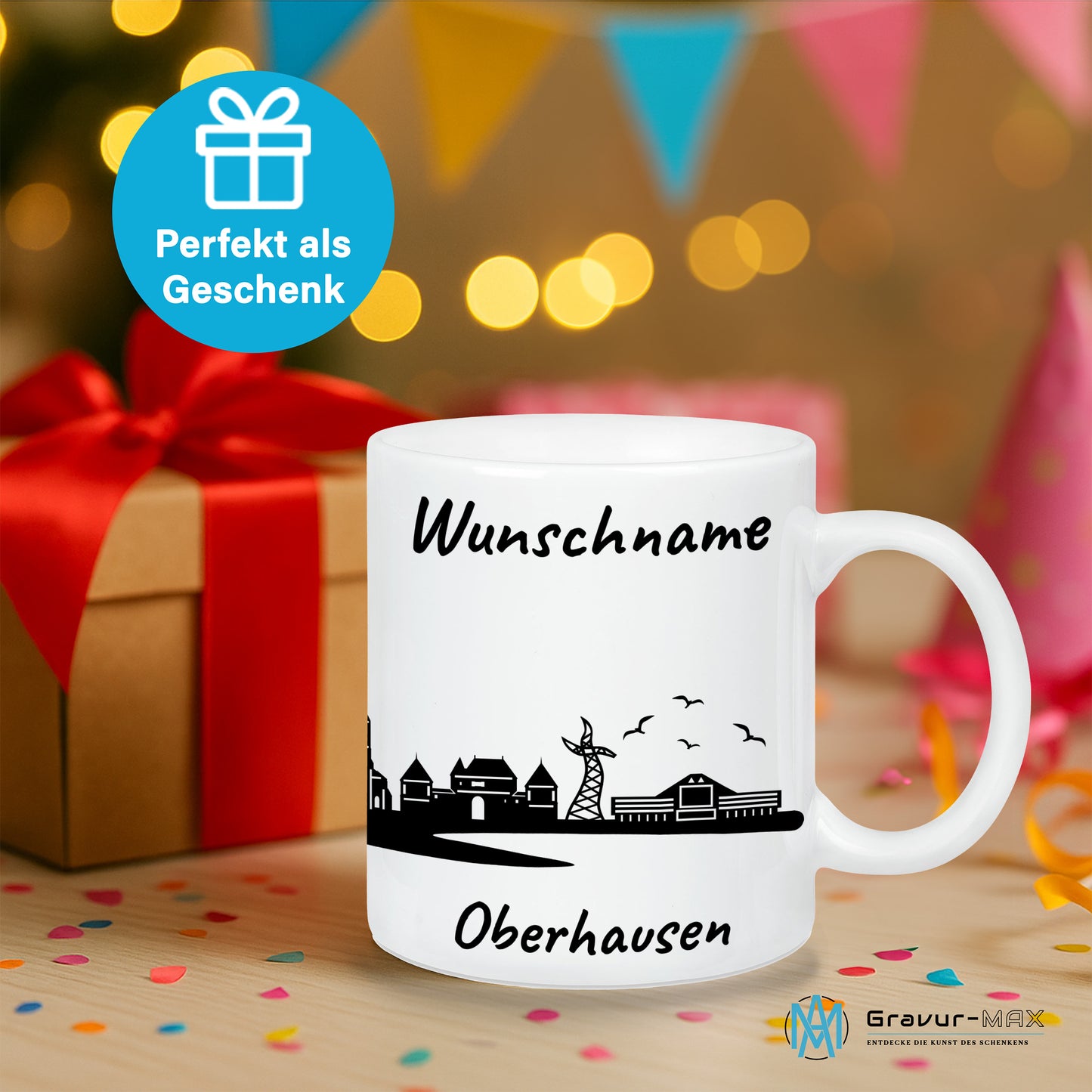 Tasse in Weiß 330ml bedruckt mit der Skyline von Oberhausen personalisierbar mit Wunschname