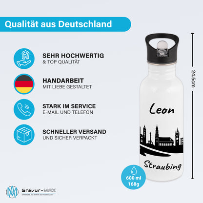 Trinkflasche in Weiß 600ml aus Edelstahl bedruckt mit der Skyline von Straubing personalisierbar mit Wunschname