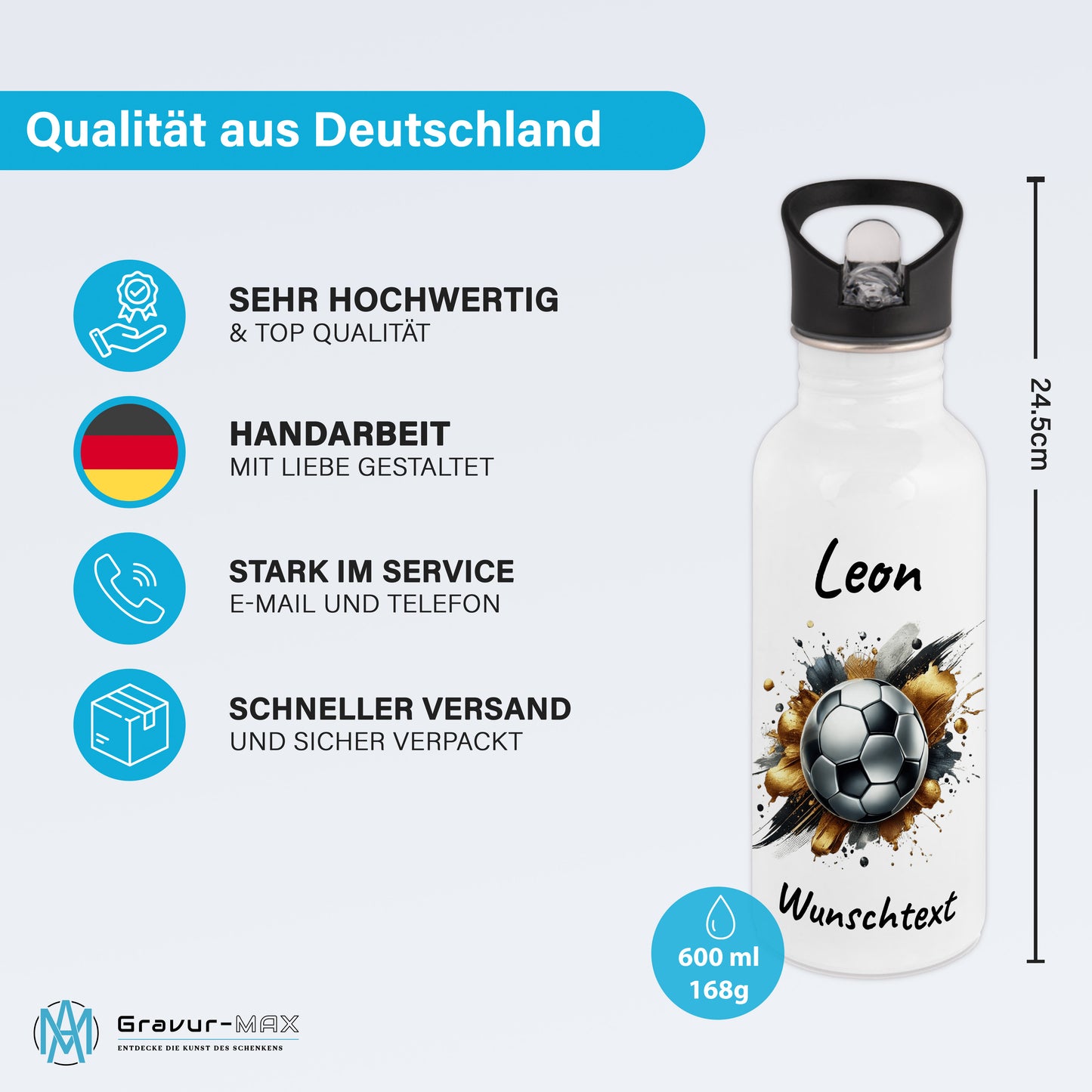 Trinkflasche mit Strohhalm in Weiß 600ml bedruckt mit Fußball Motiven"Motiv13" personalisierbar für Kinder mit Wunschname aus Edelstahl
