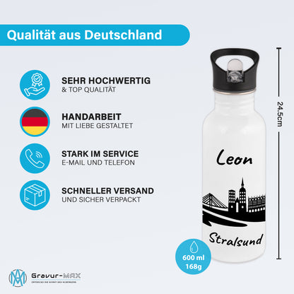 Trinkflasche in Weiß 600ml aus Edelstahl bedruckt mit der Skyline von Stralsund personalisierbar mit Wunschname