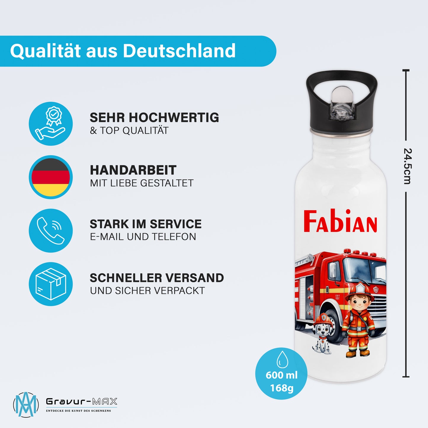 Trinkflasche mit Strohhalm in Weiß 600ml bedruckt mit tollen Motiven für Kinder "Feuerwehr" personalisierbar für Kinder mit Wunschname aus Edelstahl