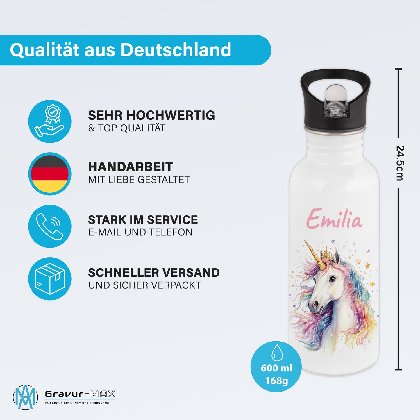 Trinkflasche mit Strohhalm in Weiß 600ml bedruckt mit tollen Motiven für Kinder "Einhorn" personalisierbar für Kinder mit Wunschname aus Edelstahl