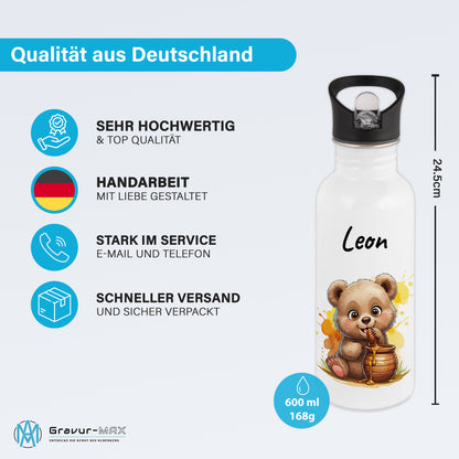 Trinkflasche mit Strohhalm in Weiß 600ml bedruckt mit niedlichen Tieren"Bär" personalisierbar für Kinder mit Wunschname aus Edelstahl
