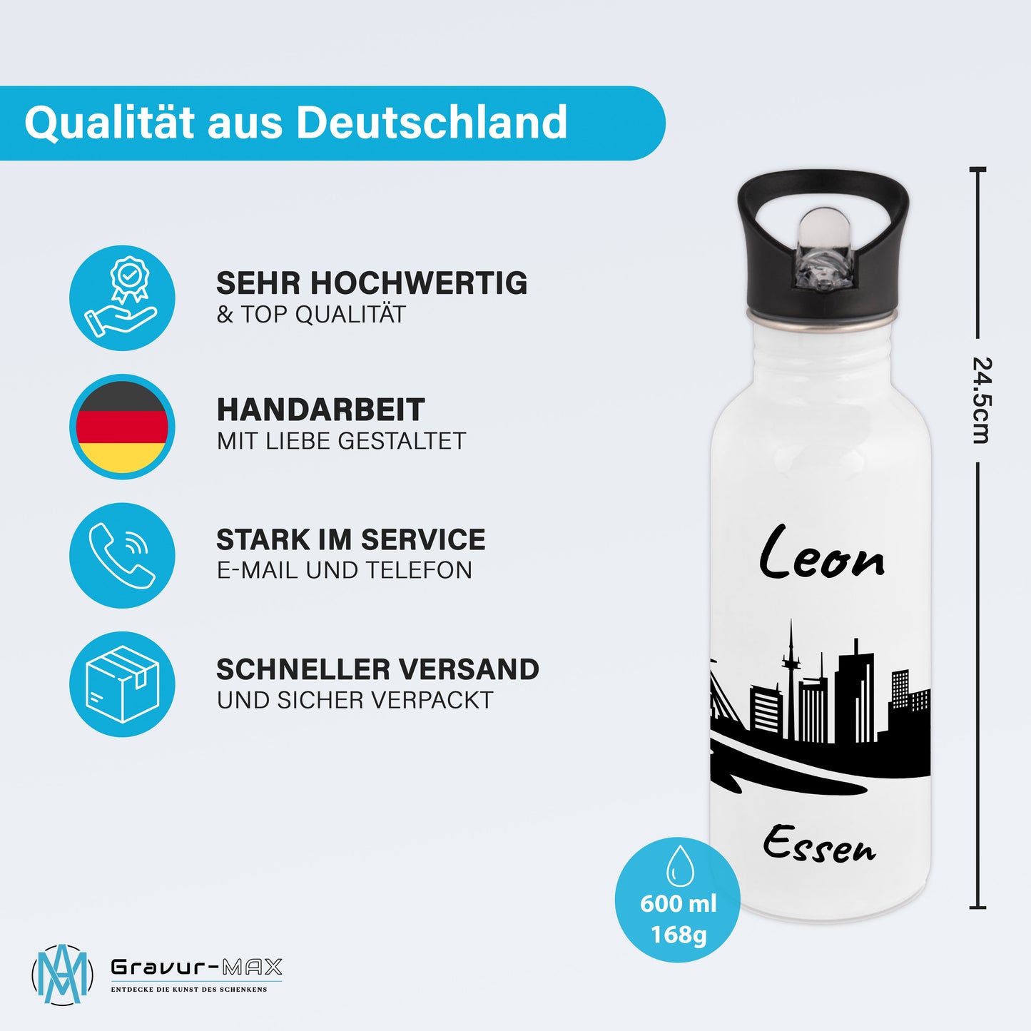 Trinkflasche in Weiß 600ml aus Edelstahl bedruckt mit der Skyline von Essen personalisierbar mit Wunschname
