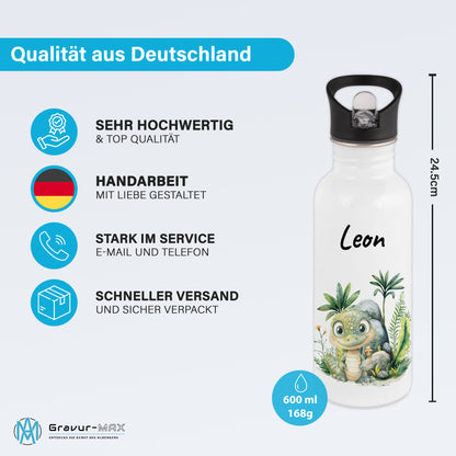 Trinkflasche mit Strohhalm in Weiß 600ml bedruckt mit Dschungel Tieren"Krokodil" personalisierbar für Kinder mit Wunschname aus Edelstahl