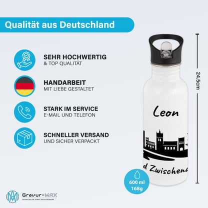 Trinkflasche in Weiß 600ml aus Edelstahl bedruckt mit der Skyline von Bad Zwischenahn personalisierbar mit Wunschname