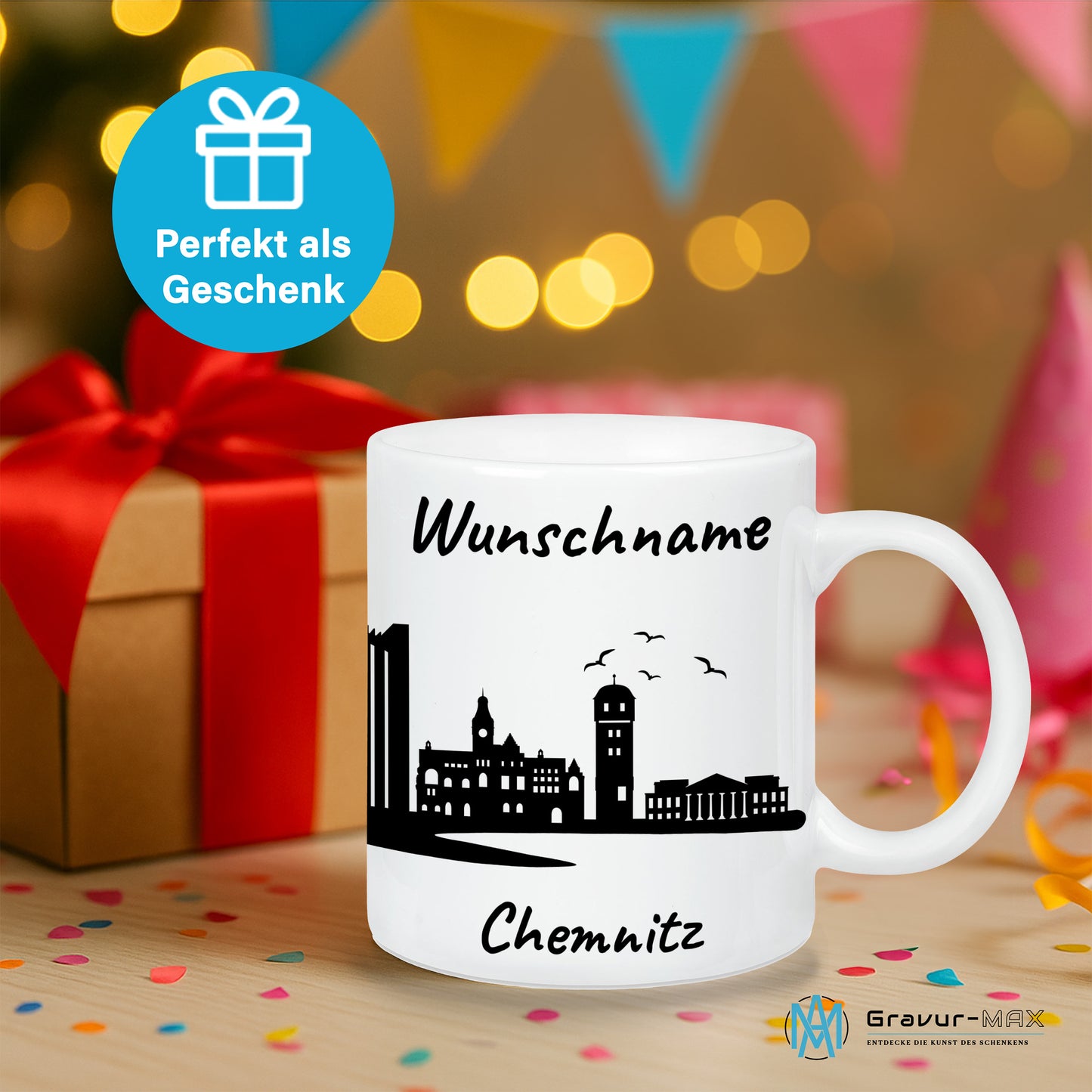 Tasse in Weiß 330ml bedruckt mit der Skyline von Chemnitz personalisierbar mit Wunschname