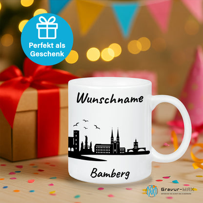 Tasse in Weiß 330ml bedruckt mit der Skyline von Bamberg personalisierbar mit Wunschname
