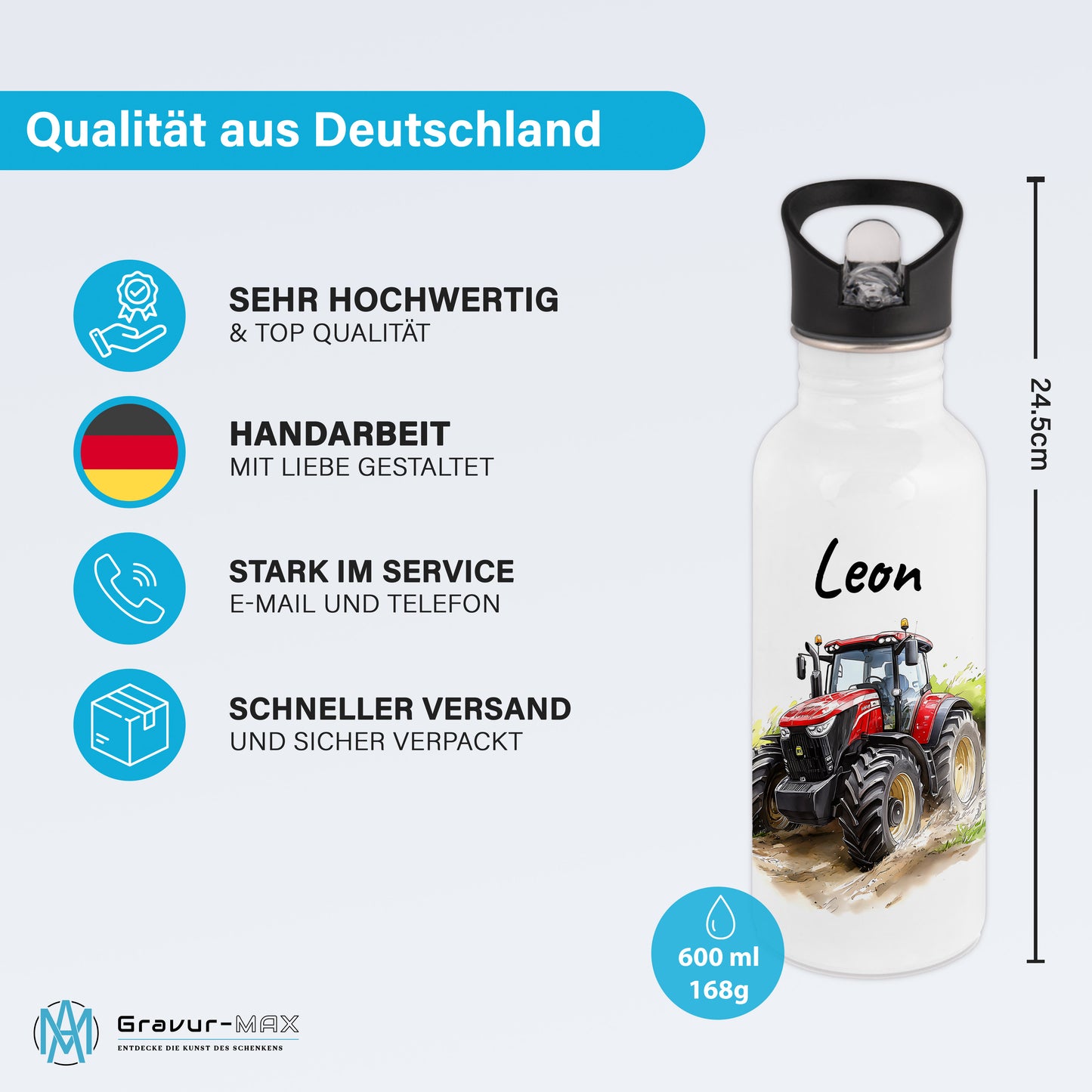 Trinkflasche mit Strohhalm in Weiß 600ml bedruckt mit tollen Motiven für Kinder "Traktor" personalisierbar für Kinder mit Wunschname aus Edelstahl