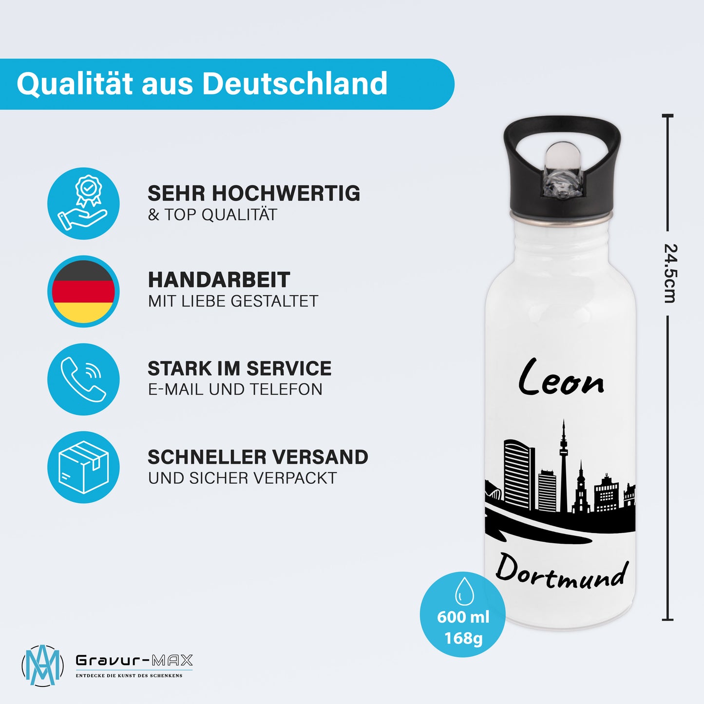 Trinkflasche in Weiß 600ml aus Edelstahl bedruckt mit der Skyline von Dortmund personalisierbar mit Wunschname