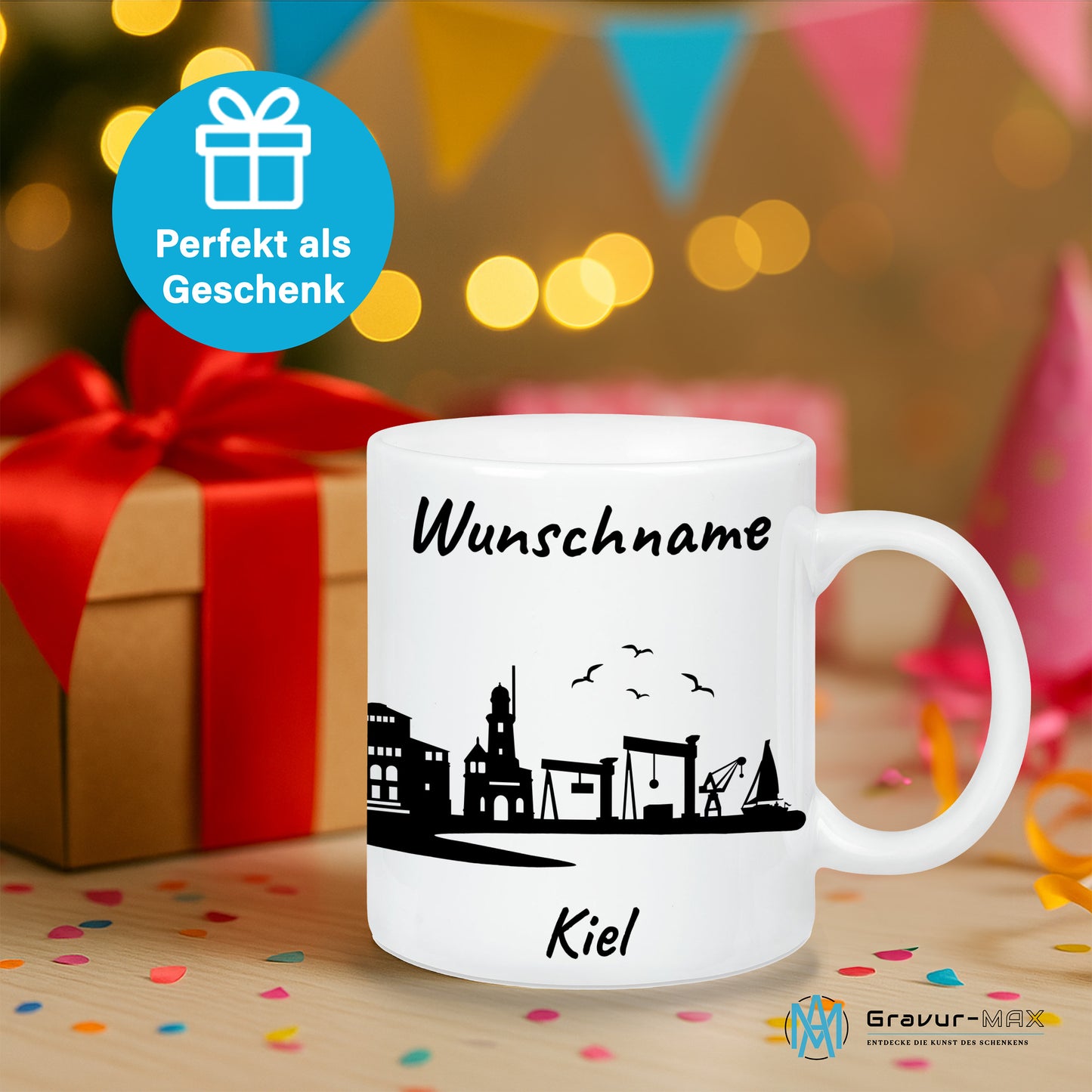 Tasse in Weiß 330ml bedruckt mit der Skyline von Kiel personalisierbar mit Wunschname