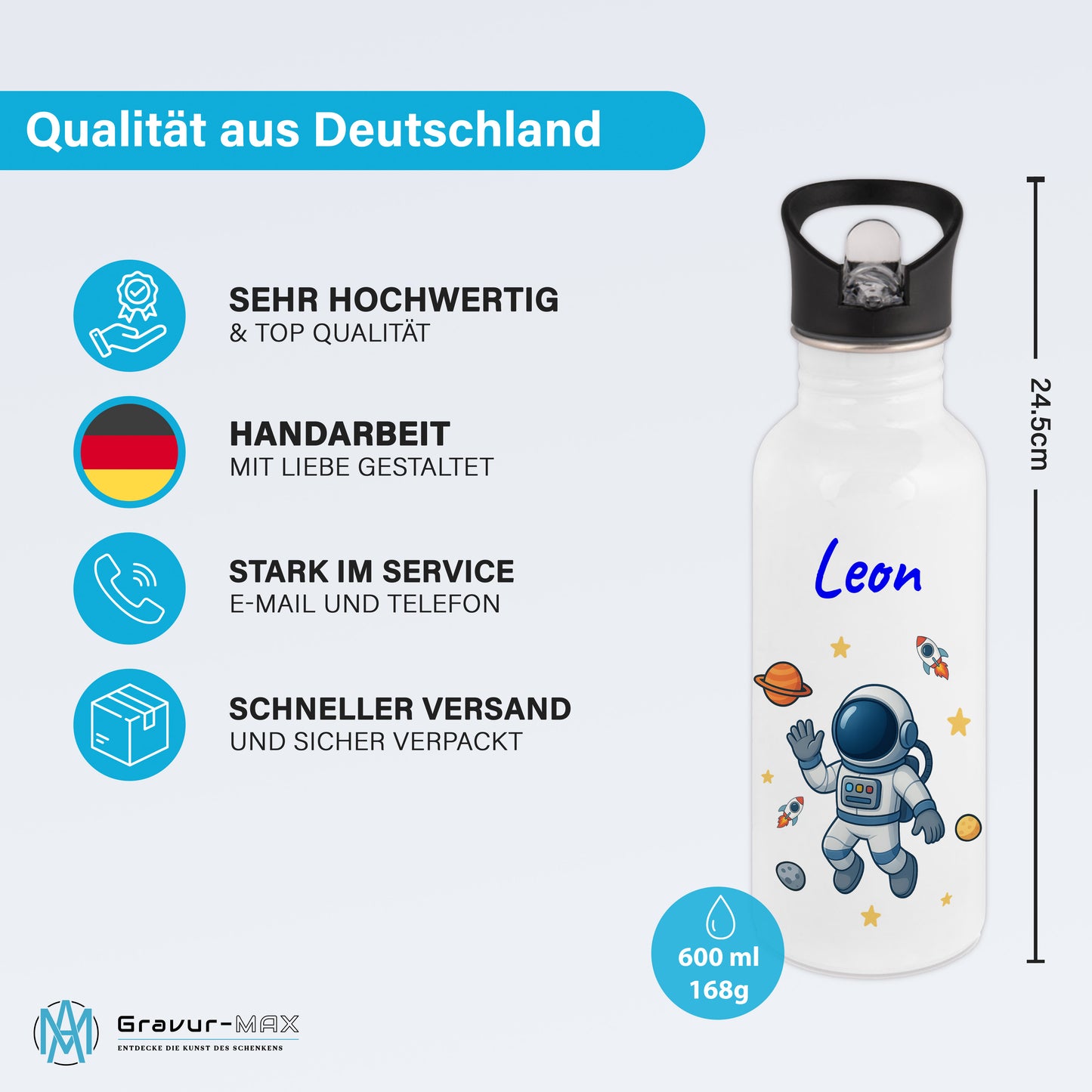 Trinkflasche mit Strohhalm in Weiß 600ml bedruckt mit tollen Motiven für Kinder "Astronaut" personalisierbar für Kinder mit Wunschname aus Edelstahl