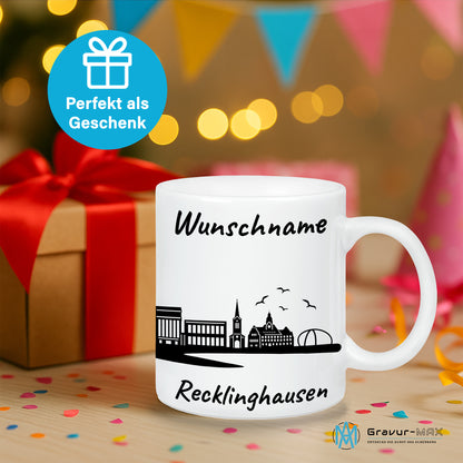 Tasse in Weiß 330ml bedruckt mit der Skyline von Recklinghausen personalisierbar mit Wunschname