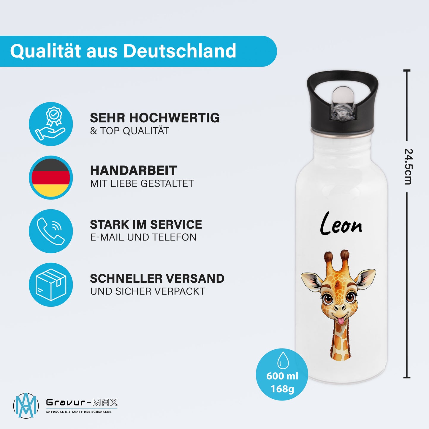 Trinkflasche mit Strohhalm in Weiß 600ml bedruckt mit niedlichen Tieren"Giraffe" personalisierbar für Kinder mit Wunschname aus Edelstahl