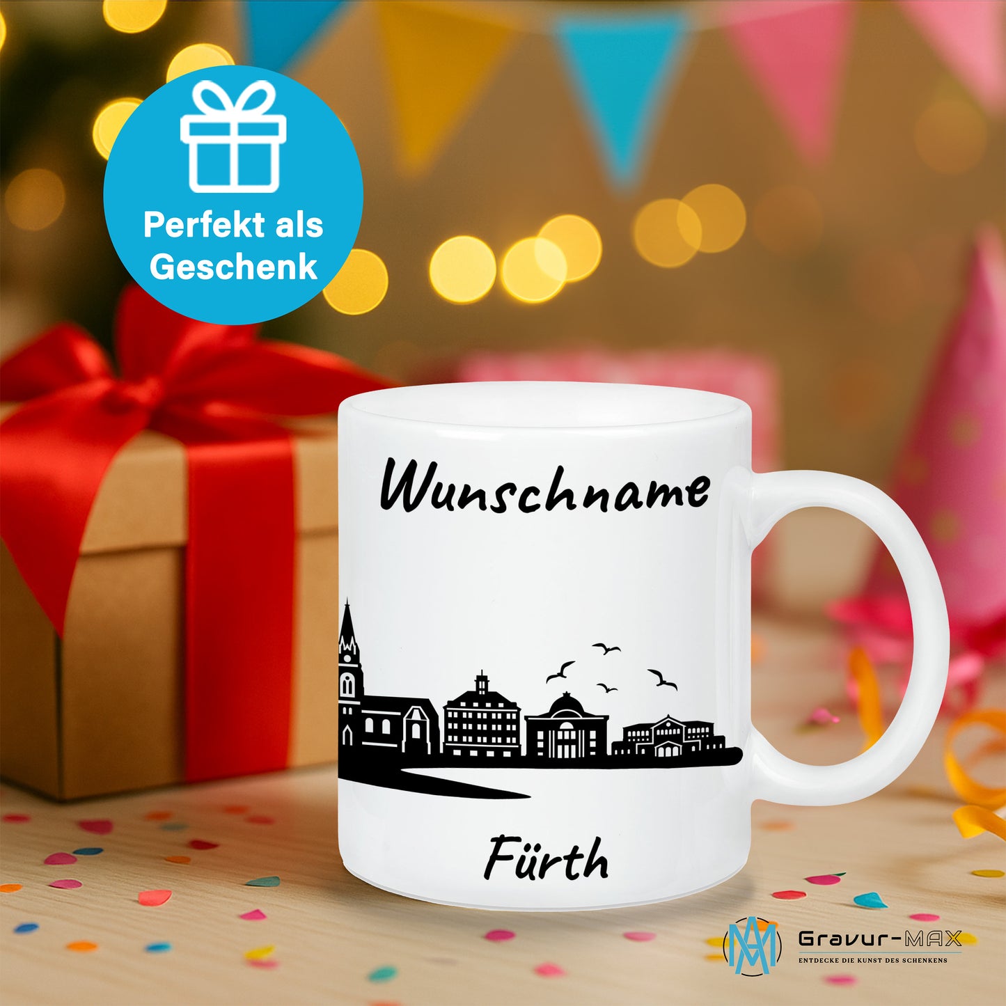Tasse in Weiß 330ml bedruckt mit der Skyline von Fürth personalisierbar mit Wunschname