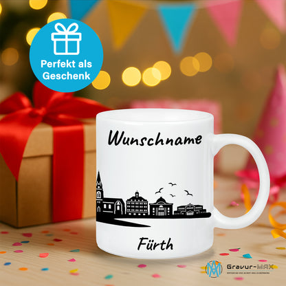 Tasse in Weiß 330ml bedruckt mit der Skyline von Fürth personalisierbar mit Wunschname