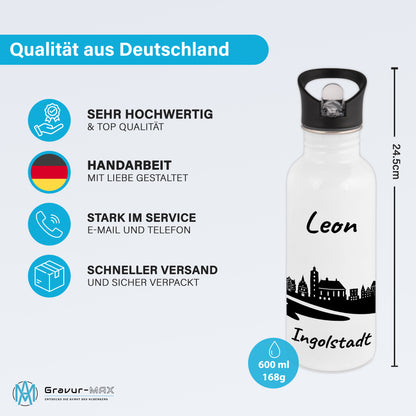 Trinkflasche in Weiß 600ml aus Edelstahl bedruckt mit der Skyline von Ingolstadt personalisierbar mit Wunschname