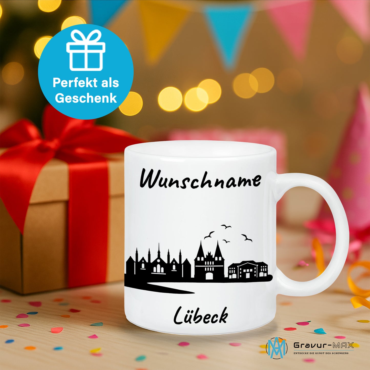 Tasse in Weiß 330ml bedruckt mit der Skyline von Lübeck personalisierbar mit Wunschname