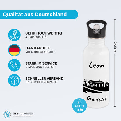 Trinkflasche in Weiß 600ml aus Edelstahl bedruckt mit der Skyline von Greetsiel personalisierbar mit Wunschname